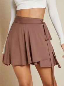 SHEIN BAE Solid Knot Wrap Skirt - Redwood - View 4