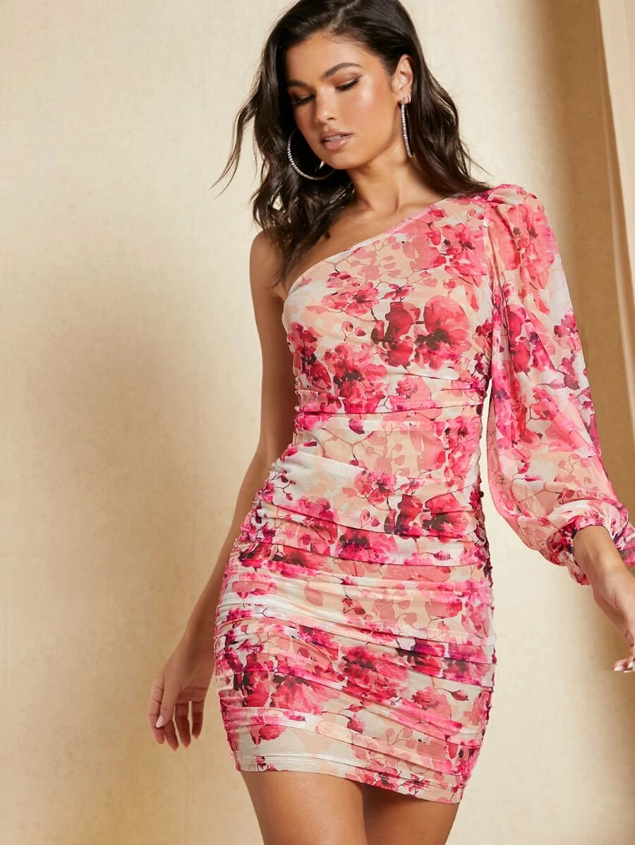 SHEIN BAE Vestido ajustado con estampado floral de un hombro fruncido de malla - Multicolor - Ver 1