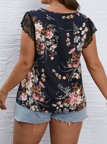 SHEIN Holidaya Plus Floral Print Lace Sleeve Blouse - Multicolor - View 2