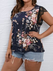 SHEIN Holidaya Plus Floral Print Lace Sleeve Blouse - Multicolor - View 4