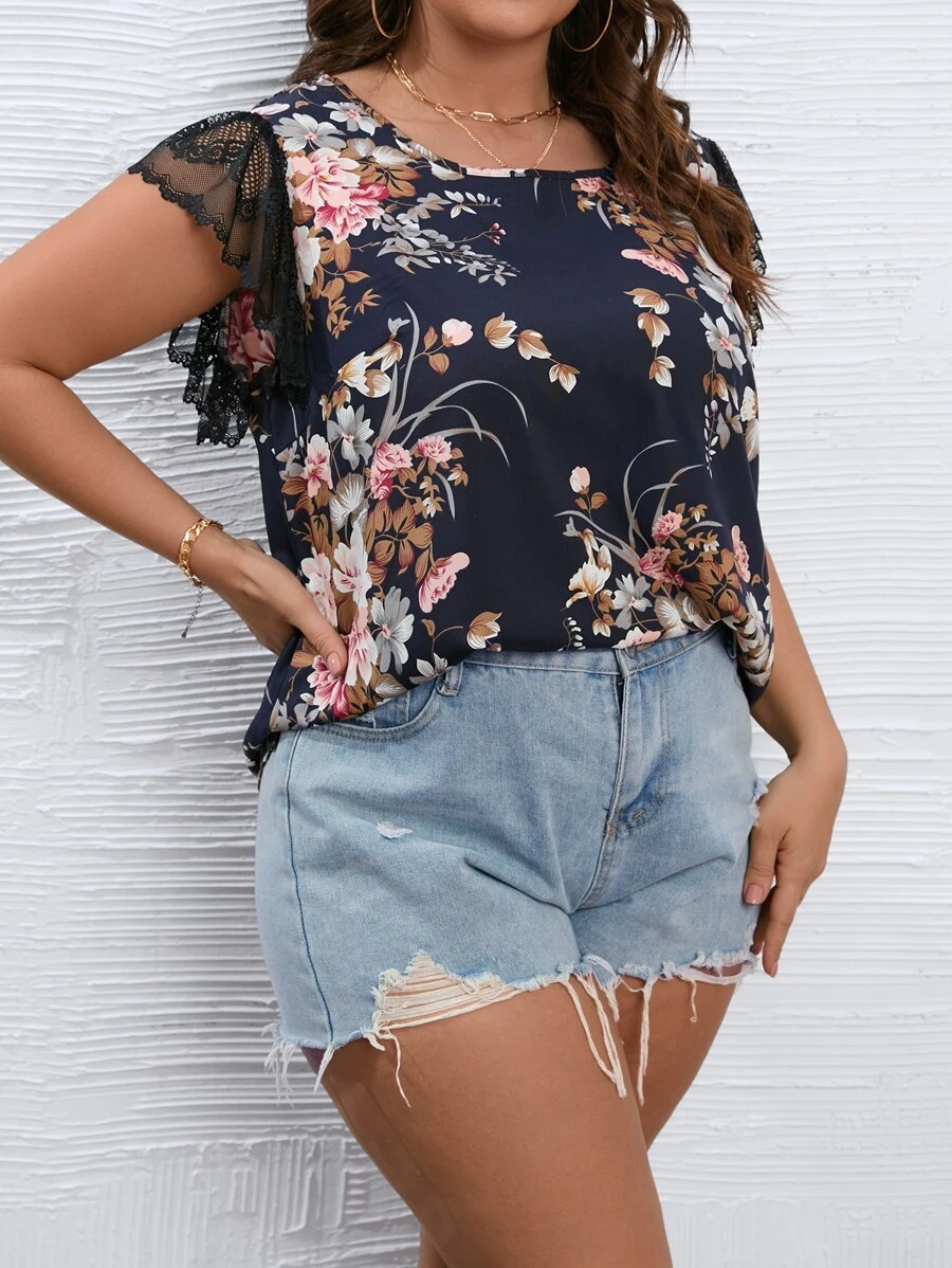 SHEIN Holidaya Plus Floral Print Lace Sleeve Blouse - Multicolor - View 1