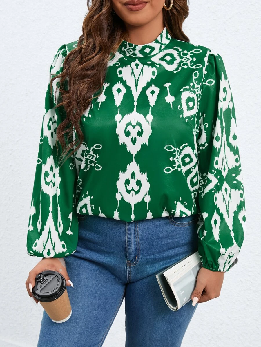 SHEIN LUNE Plus Graphic Print Mock Neck Lantern Sleeve Blouse - Green - View 1