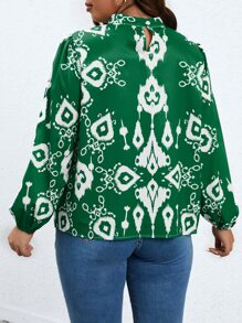 SHEIN LUNE Plus Graphic Print Mock Neck Lantern Sleeve Blouse - Green - View 2