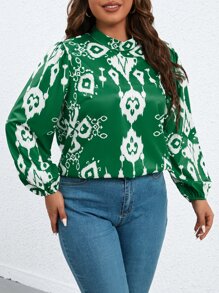 SHEIN LUNE Plus Graphic Print Mock Neck Lantern Sleeve Blouse - Green - View 3
