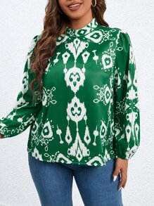 SHEIN LUNE Plus Graphic Print Mock Neck Lantern Sleeve Blouse - Green - View 4
