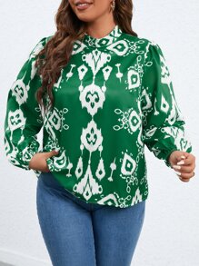 SHEIN LUNE Plus Graphic Print Mock Neck Lantern Sleeve Blouse - Green - View 6