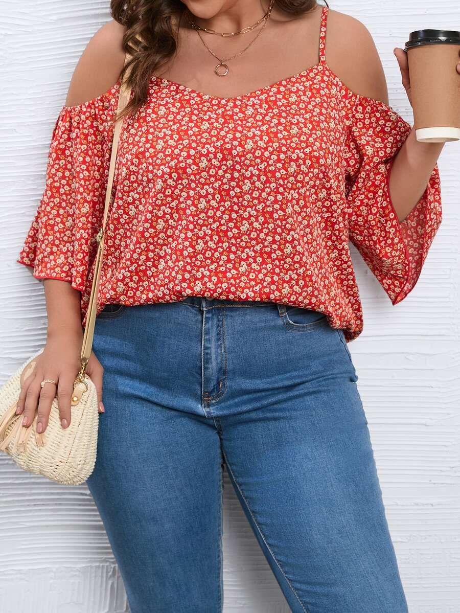 SHEIN LUNE Plus Ditsy Floral Cold Shoulder Blouse - Multicolor - View 1