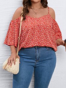 SHEIN LUNE Plus Ditsy Floral Cold Shoulder Blouse - Multicolor - View 3