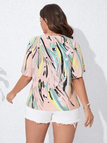 SHEIN LUNE Plus Brush Print Butterfly Sleeve Blouse - Multicolor - View 2