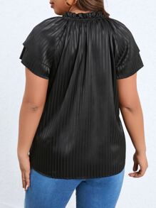 Celure Blusa de cuello con cordón de manga raglán de satén - Negro - Ver 2