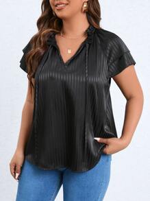 Celure Blusa de cuello con cordón de manga raglán de satén - Negro - Ver 3