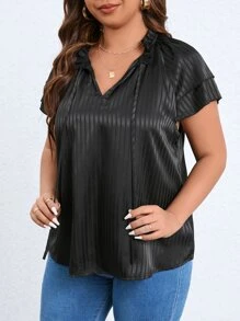Celure Blusa de cuello con cordón de manga raglán de satén - Negro - Ver 4