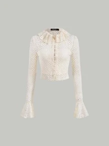 SHEIN MOD Buttoned Front Flounce Sleeve Top - Beige - View 1