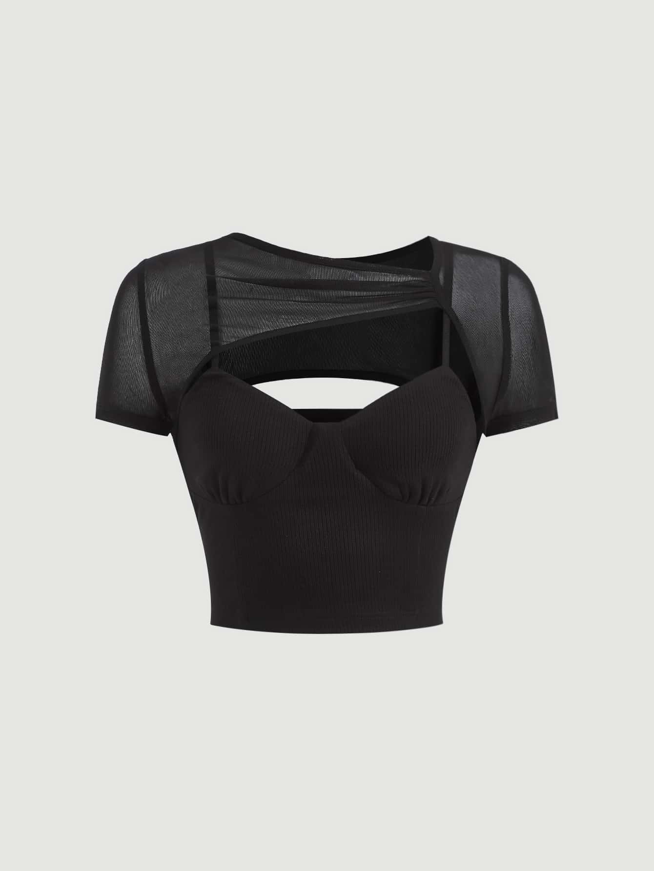 SHEIN MOD 網紗拼接前鏤空上衣 - 黑色 - 查看 1