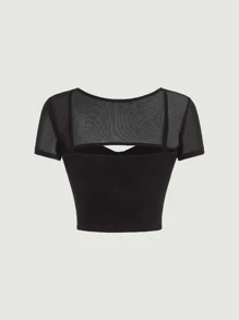 SHEIN MOD 網紗拼接前鏤空上衣 - 黑色 - 查看 2