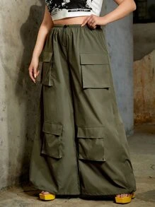 SHEIN ICON Plus Gorpcore Flap Pocket Drawstring Hem Parachute Cargo Trousers - Army Green - View 2