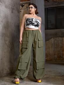 SHEIN ICON Plus Gorpcore Flap Pocket Drawstring Hem Parachute Cargo Trousers - Army Green - View 4