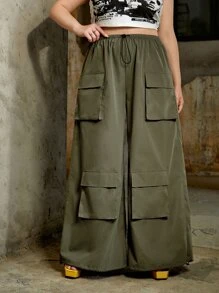 SHEIN ICON Plus Gorpcore Flap Pocket Drawstring Hem Parachute Cargo Trousers - Army Green - View 1