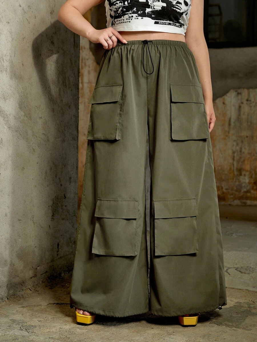 SHEIN ICON Plus Gorpcore Flap Pocket Drawstring Hem Parachute Cargo Trousers - Army Green - View 1
