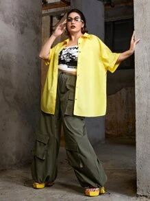 SHEIN ICON Plus Gorpcore Flap Pocket Drawstring Hem Parachute Cargo Trousers - Army Green - View 7