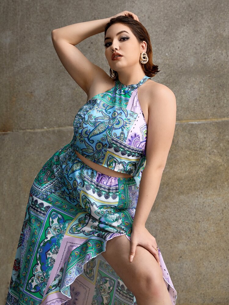 Plus Paisley Print Halter Top & Ruffle Hem Skirt