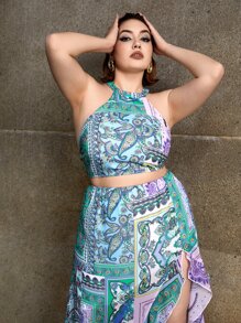 SHEIN con estampado de paisley Top halter & bajo con fruncido Falda - Multicolor - Ver 5