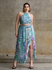 SHEIN con estampado de paisley Top halter & bajo con fruncido Falda - Multicolor - Ver 6