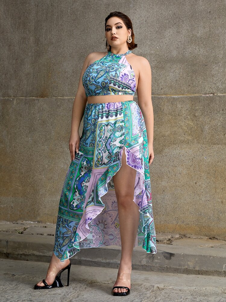 Plus Paisley Print Halter Top & Ruffle Hem Skirt
