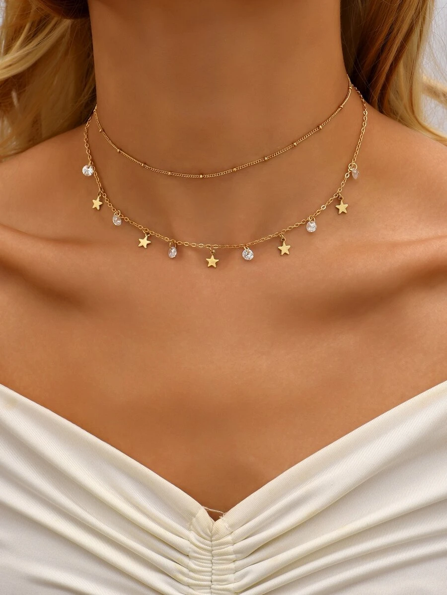 Cubic Zirconia & Star Charm Layered Necklace - Yellow Gold - View 1