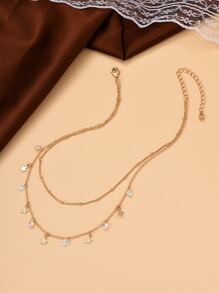 Cubic Zirconia & Star Charm Layered Necklace - Yellow Gold - View 2