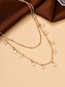 Cubic Zirconia & Star Charm Layered Necklace - Yellow Gold - View 4