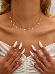 Cubic Zirconia & Star Charm Layered Necklace - Yellow Gold - View 5