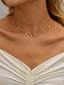 Cubic Zirconia & Star Charm Layered Necklace - Yellow Gold - View 6