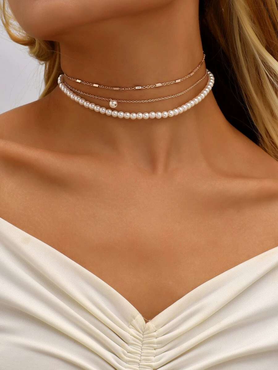 Vòng cổ trang trí ngọc trai giả 3 cái - Nhiều màu - Xem 1