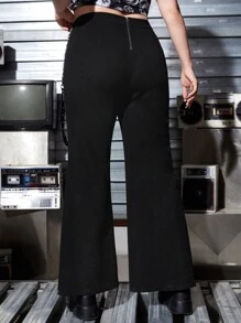 ROMWE PUNK Plus Studded Strap Detail Flare Leg Trousers - Black - View 3