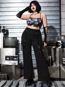 ROMWE PUNK Plus Studded Strap Detail Flare Leg Trousers - Black - View 2