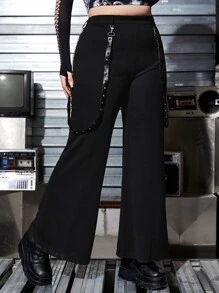 ROMWE PUNK Plus Studded Strap Detail Flare Leg Trousers - Black - View 1