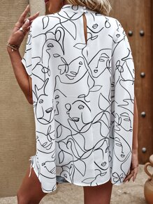 SHEIN Clasi 抽象人物圖案蝙蝠袖襯衫 - 白色 - 查看 2