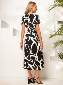 EMERY ROSE Allover Print Belted Dress - Black and White - View 2