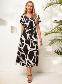 EMERY ROSE Allover Print Belted Dress - Black and White - View 3