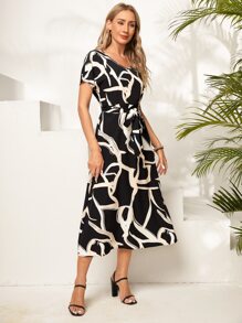 EMERY ROSE Allover Print Belted Dress - Black and White - View 6