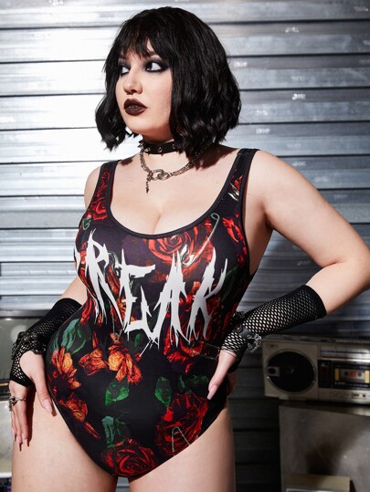 Plus Floral & Letter Graphic Tank Bodysuit