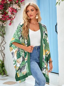EMERY ROSE Tropical Print Batwing Sleeve Open Front Coat - Multicolor - View 1