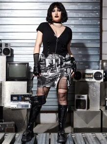 ROMWE PUNK 大碼拉鏈開襟鉚釘串珠不對稱下擺T恤 - 黑色 - 查看 3