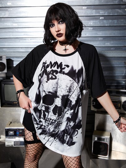 Camiseta de manga raglán con estampado de letra y calavera de talla grande, para la escuela o el verano