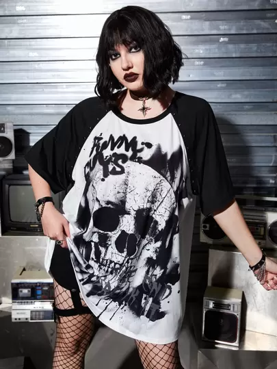 ROMWE PUNK Plus Letter & Skull Print Raglan Sleeve Tee, Skola, Sommar