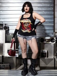 ROMWE PUNK 大碼骷髏和標語圖案背心上衣 - 黑色 - 查看 3