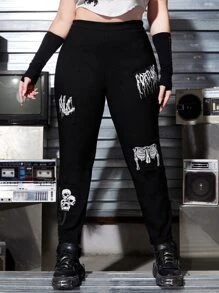 ROMWE PUNK Plus Letter and Skull Print Skinny Pants - Black - View 5