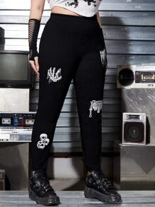 ROMWE PUNK Plus Letter and Skull Print Skinny Pants - Black - View 4