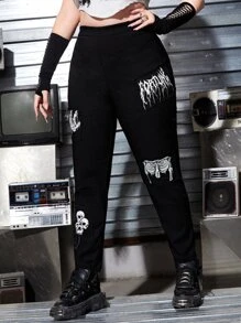 ROMWE PUNK Plus Letter and Skull Print Skinny Pants - Black - View 1